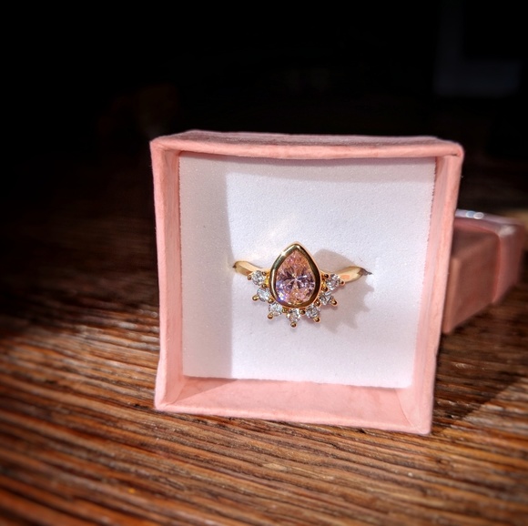 14k Pink Champagne Pear Teardrop, Sunburst Ring - Picture 4 of 5